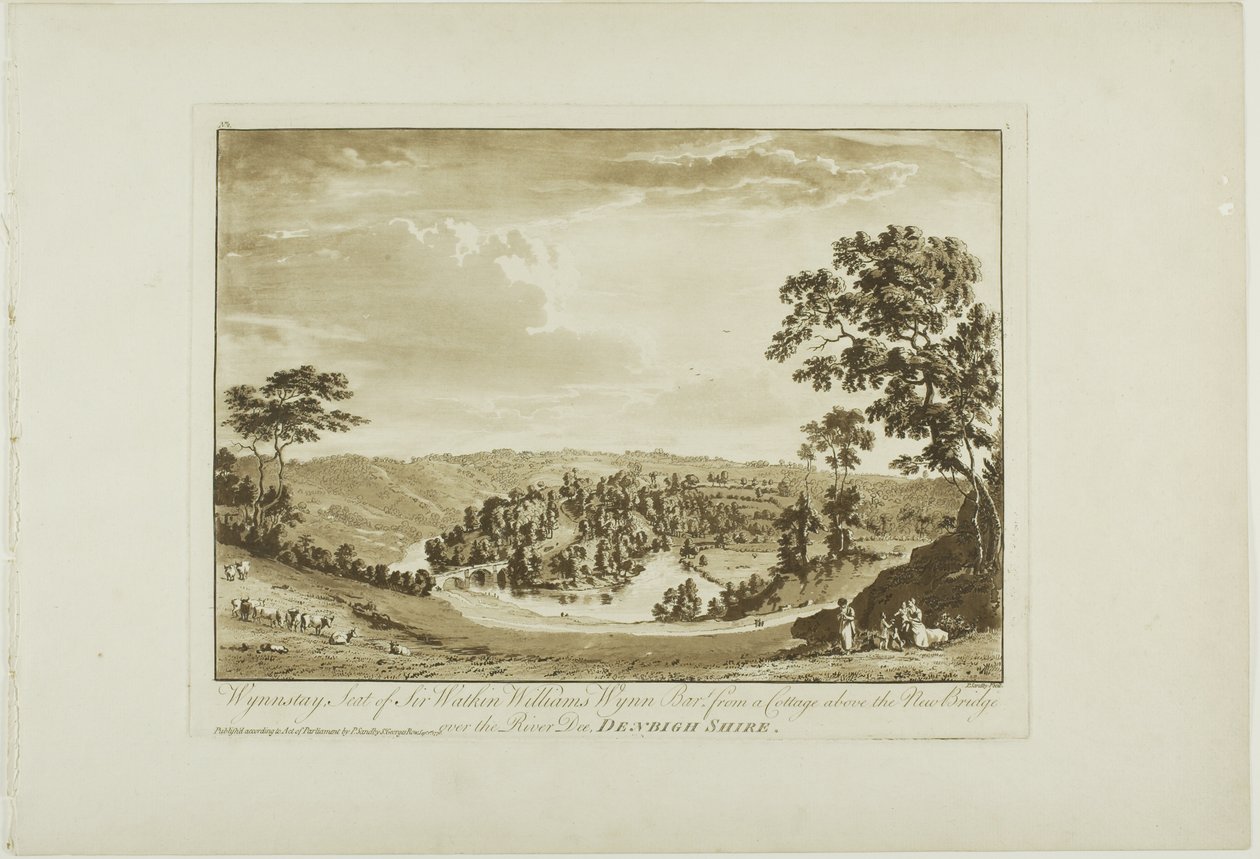 Wynnstay, zetel van Sir Watkin Williams Wynn Bart vanuit een cottage boven de nieuwe brug over de rivier Dee, Denbigh Shire door Paul Sandby