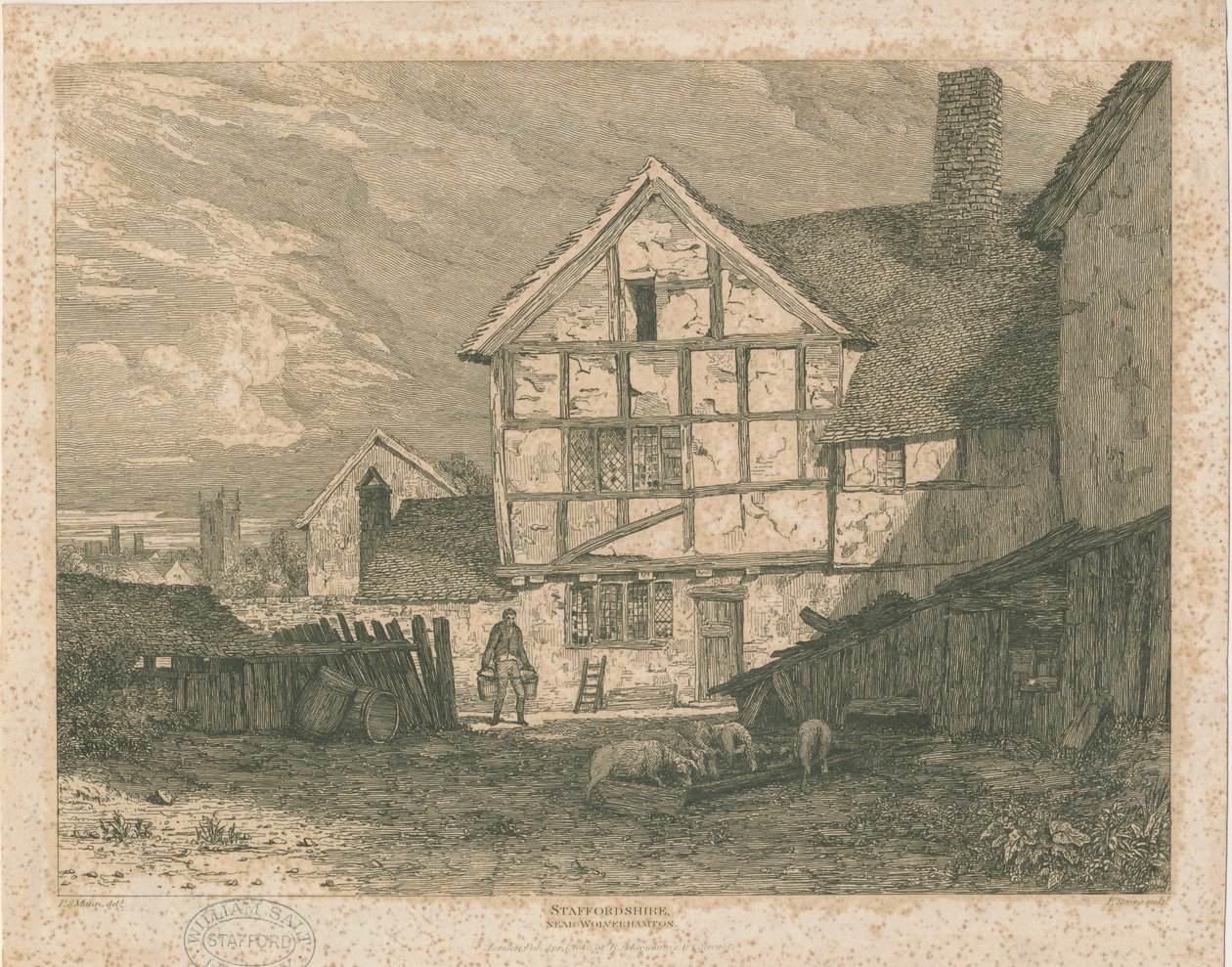 Wolverhampton - Ruïnes van een vakwerkhuis: staalgravure, nd [ca. 1815] door Paul Sandby Munn