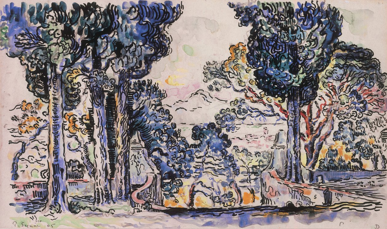 Cipressen in Sainte-Anne Saint-Tropez door Paul Signac