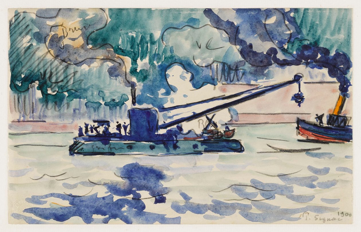 Drijvende kraan en sleepboot door Paul Signac