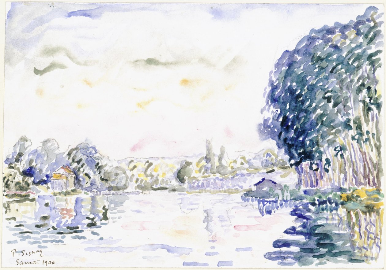 Rivierlandschap met huisje en bomen door Paul Signac