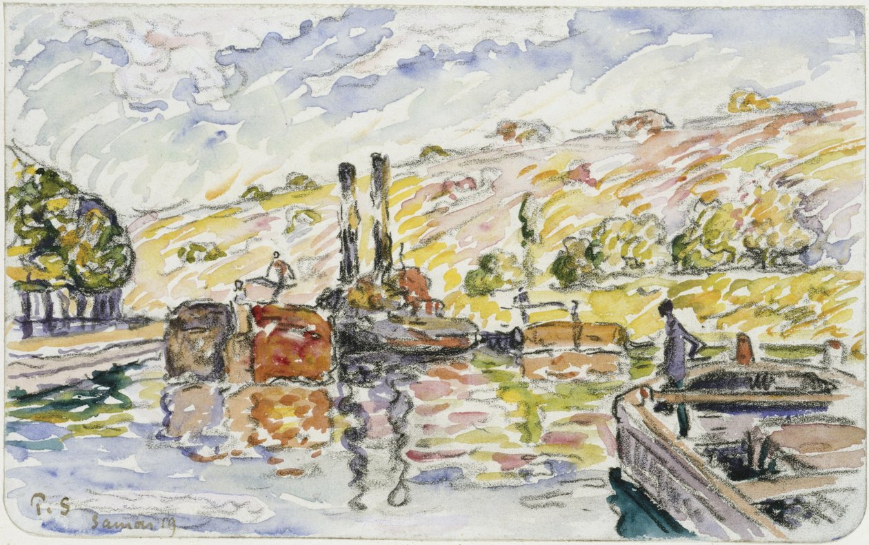 Rivierlandschap met sleepboten en schuiten door Paul Signac