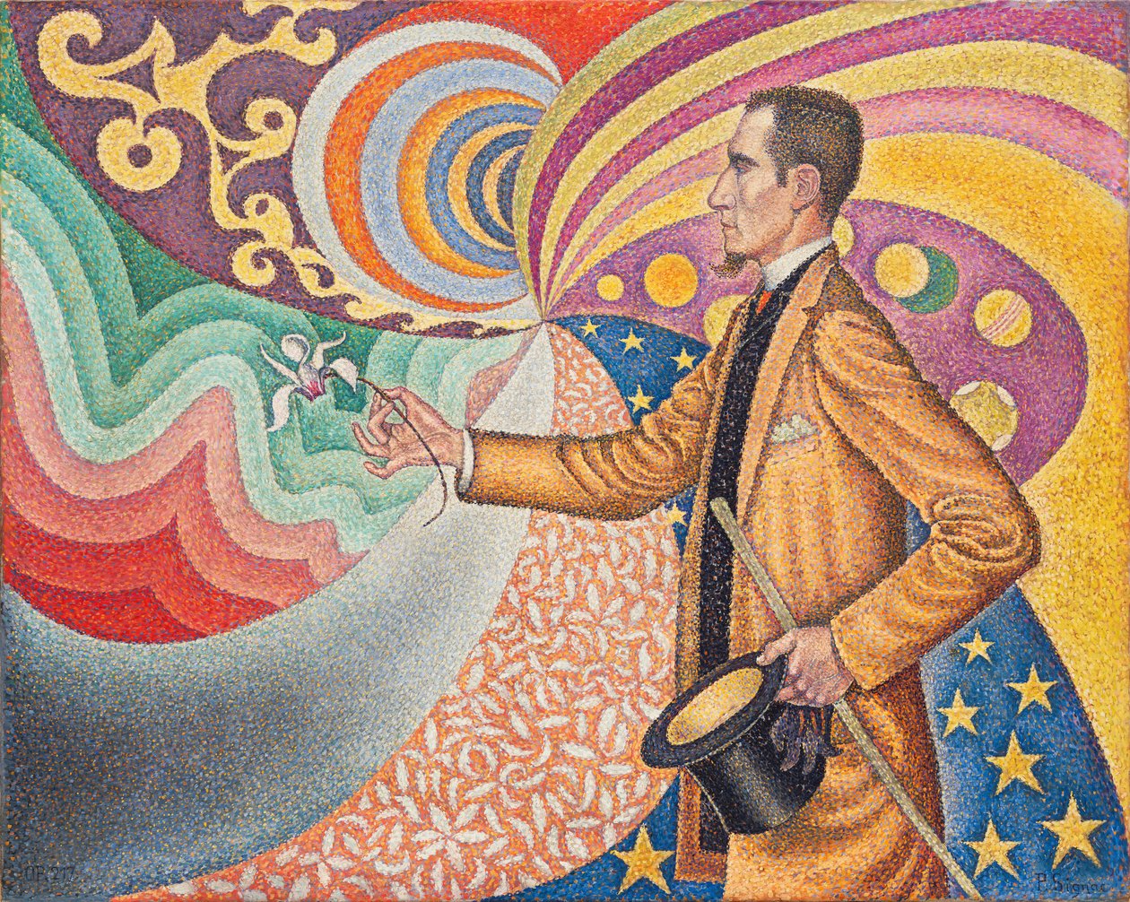 Opus 217. Tegen het email van een achtergrond ritmisch met slagen en hoeken, tonen en tinten, portret van Felix Feneon in 1890 door Paul Signac