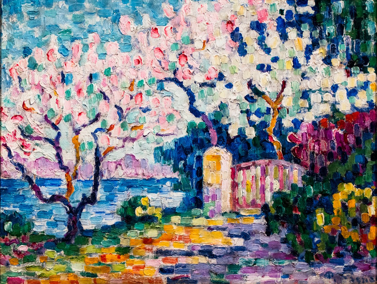 Roze amandelbomen in bloei door Paul Signac
