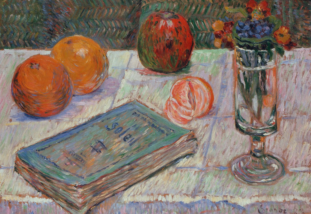 Stilleven met een boek en sinaasappels door Paul Signac