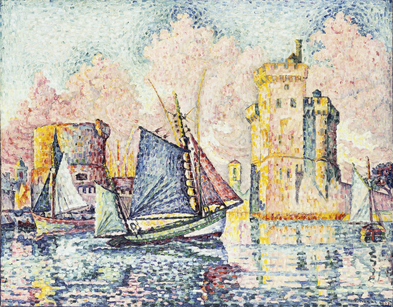 Tonijnboot die de Haven van La Rochelle Binnenvaart, Zonsondergang, 1927 door Paul Signac