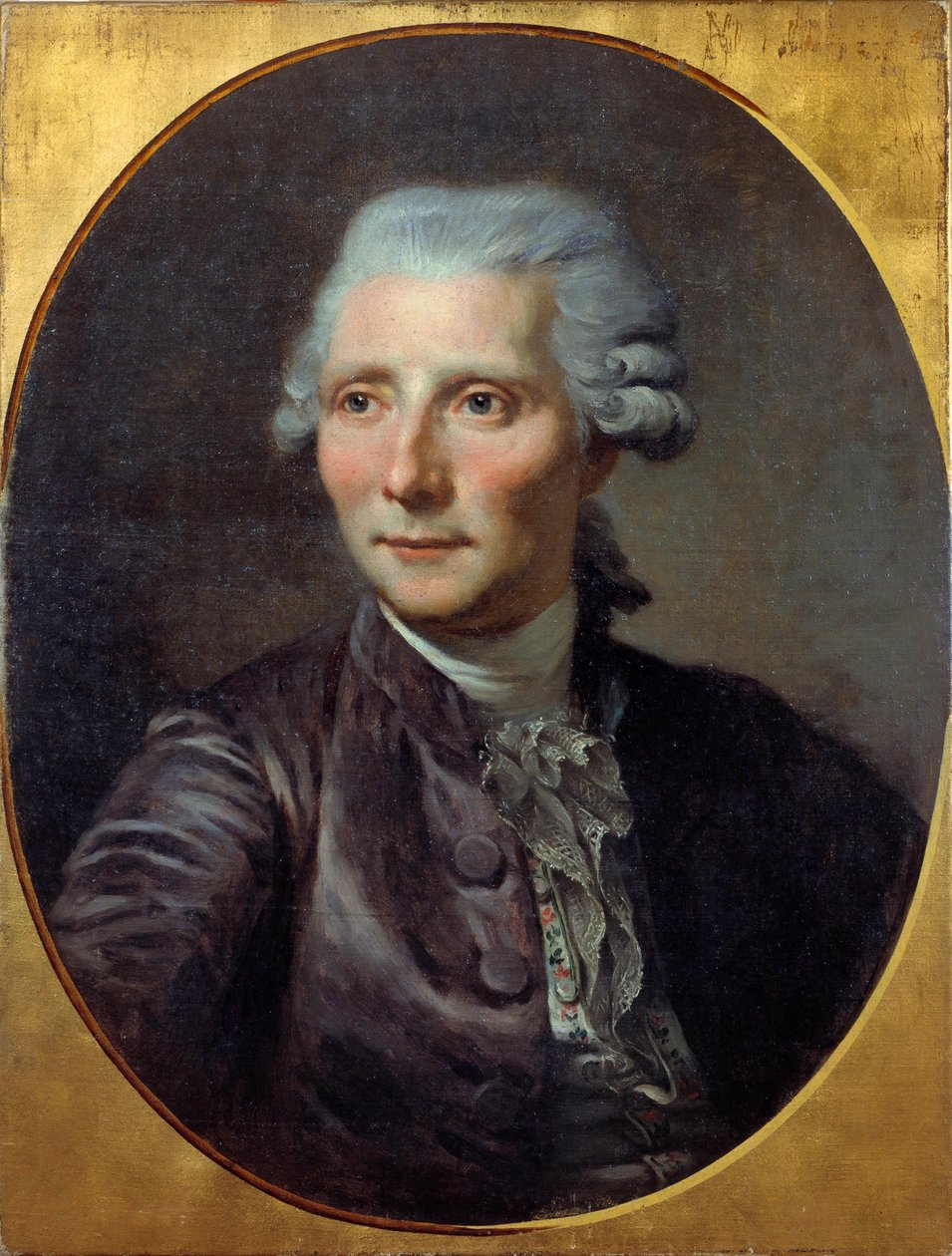 Portret van een man (voorheen geïdentificeerd als Pierre Augustin Caron de Beaumarchais (1732 - 1799). Schilderij door Paul Constant Soyer (1823-1903) (naar het schilderij van Jean Baptiste Greuze), olieverf op doek door Paul Soyer