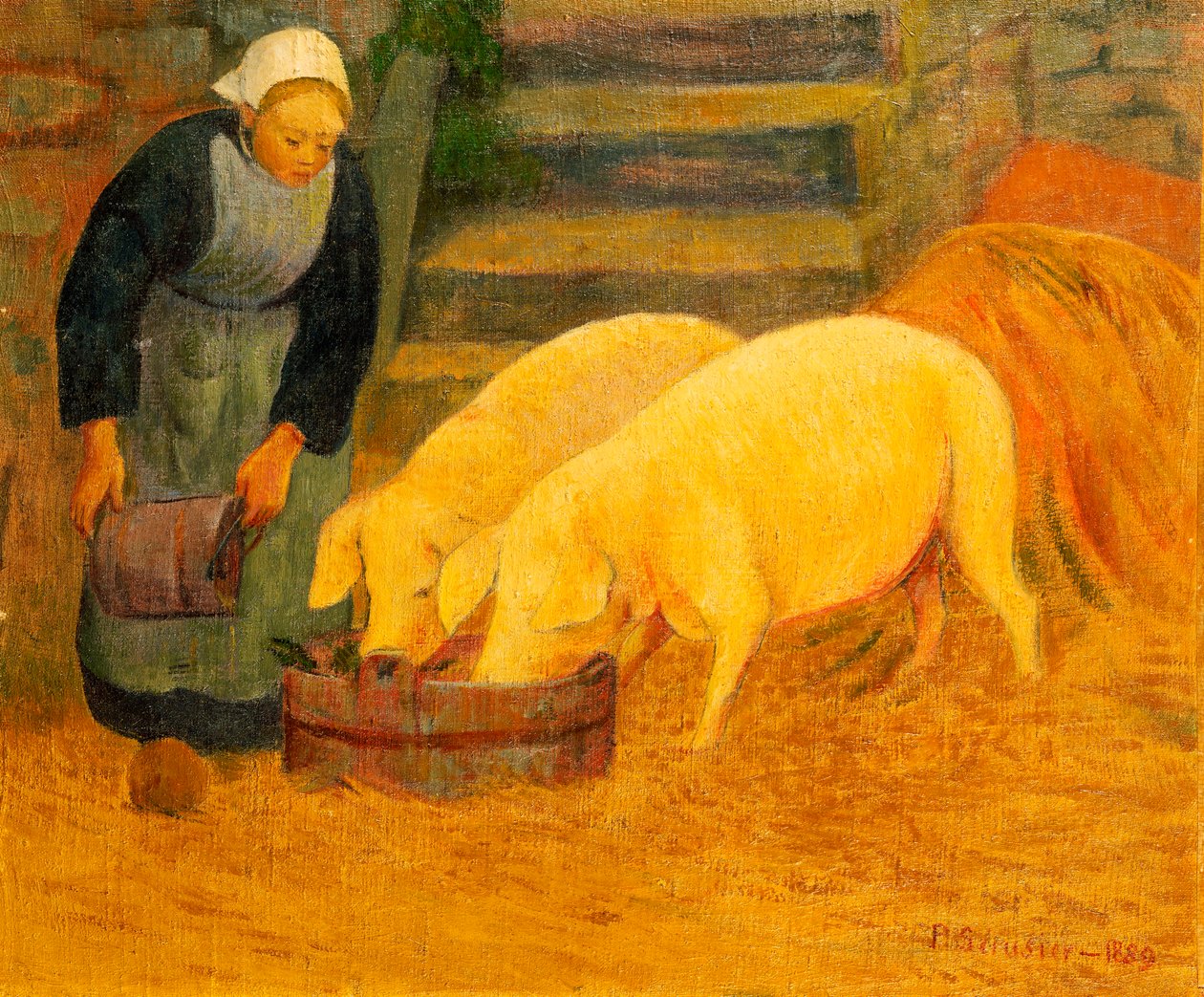 Een jong meisje dat twee varkens voedt, 1889 door Paul Sérusier