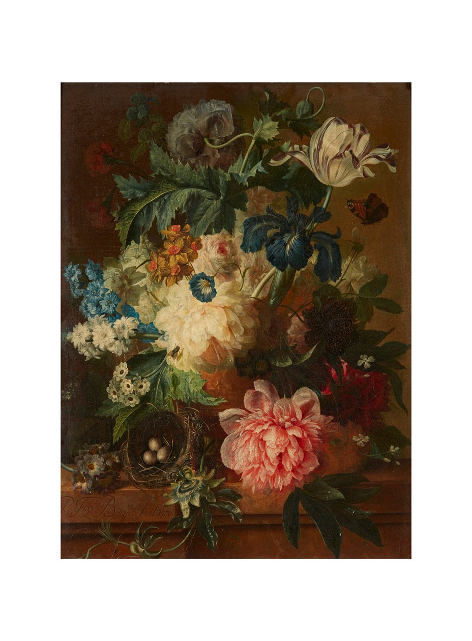 Stilleven van lentebloemen in een voetvaas door Paul Theodor van Brussel