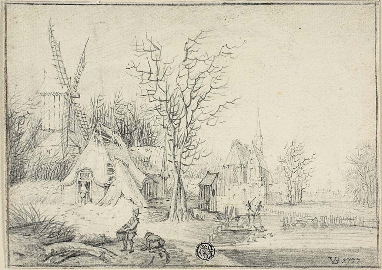 Dorp met molen en kerk door Paul Theodor van Brussel