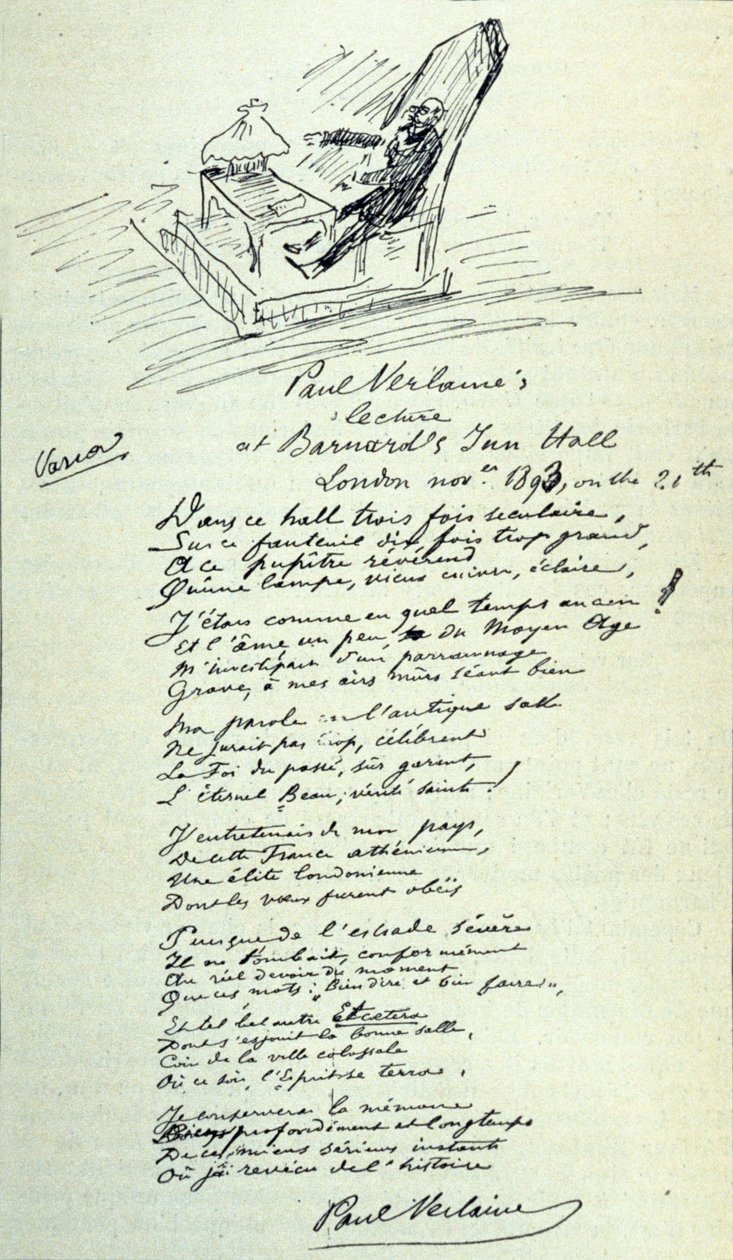 Gedichtteken van de Franse dichter Paul Verlaine (1844-1896) met schets van de vertegenwoordiger tijdens een lezing. 21/11/1893 door Paul Verlaine
