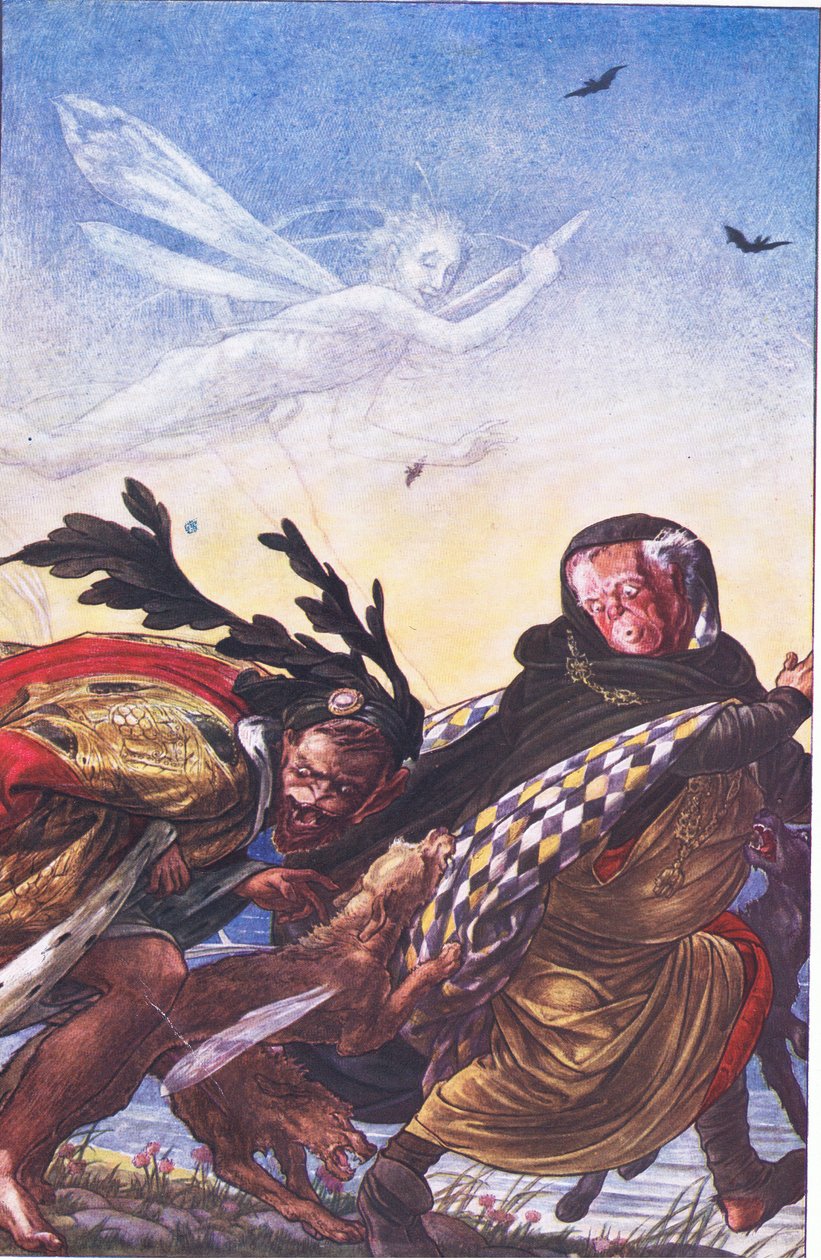 Woede! Woede! Daar, tiran, daar Hoor! Hoor!, illustratie uit De Storm, 1908 door Paul Vincent Woodroffe