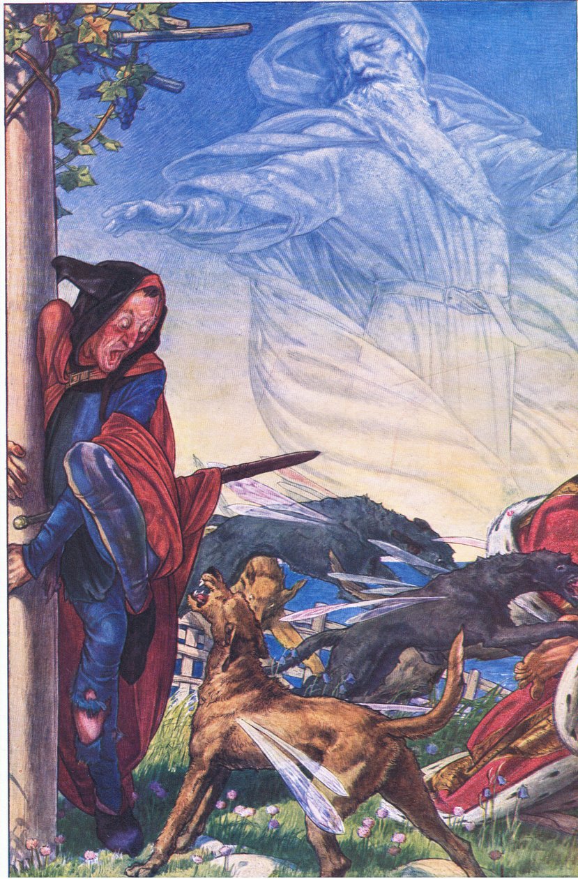 Woede! Woede! Daar, tiran, daar Hoor! Hoor!, illustratie uit De Storm, 1908 door Paul Vincent Woodroffe