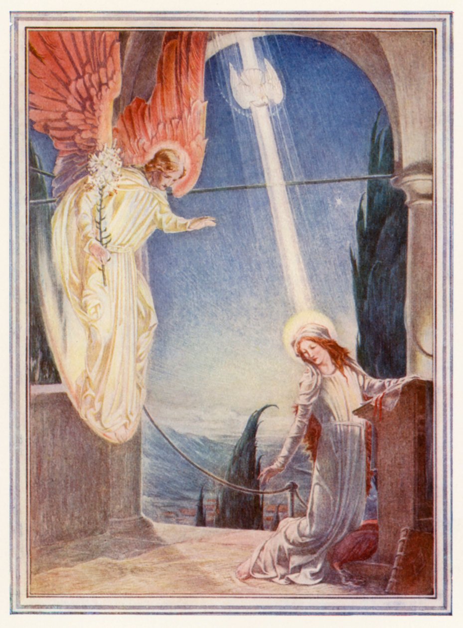 De boodschap van de engel aan Maria (kleurenlitho) door Paul Vincent Woodroffe