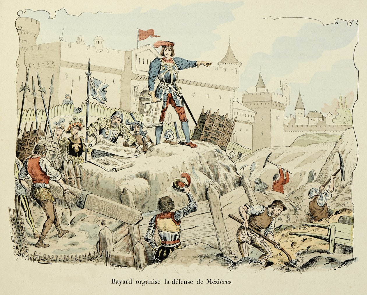 Illustratie uit het boek Histoire du chevalier Bayard door Theodore Cahu, geïllustreerd door Paul De Semant: Bayard organiseert de verdediging van Mezieres 1521 door Paul de Semant