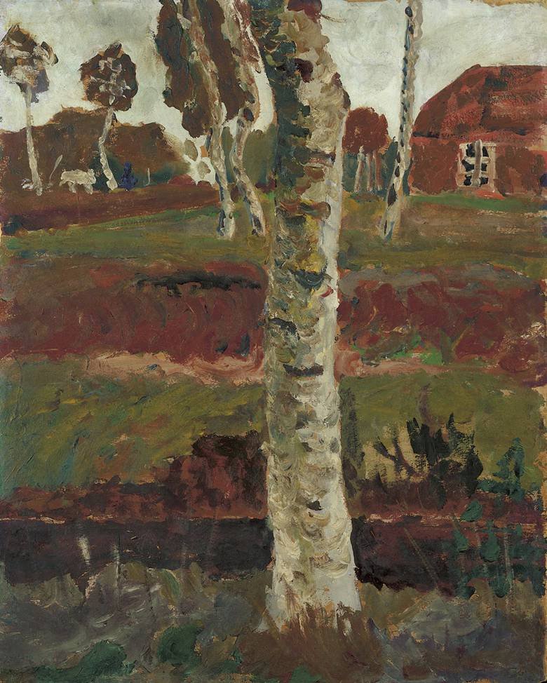 Berkenstam aan de moerasgreppel voor landschap met huis door Paula Modersohn-Becker