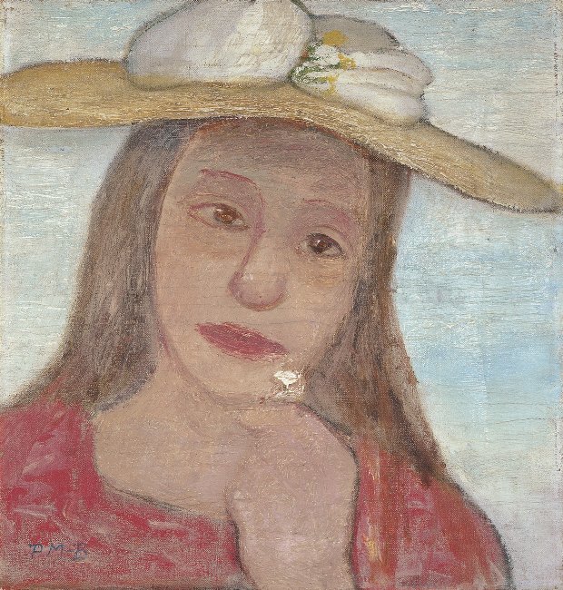 Hoofd van een jong meisje met strohoed en bloem in de opgeheven hand door Paula Modersohn Becker