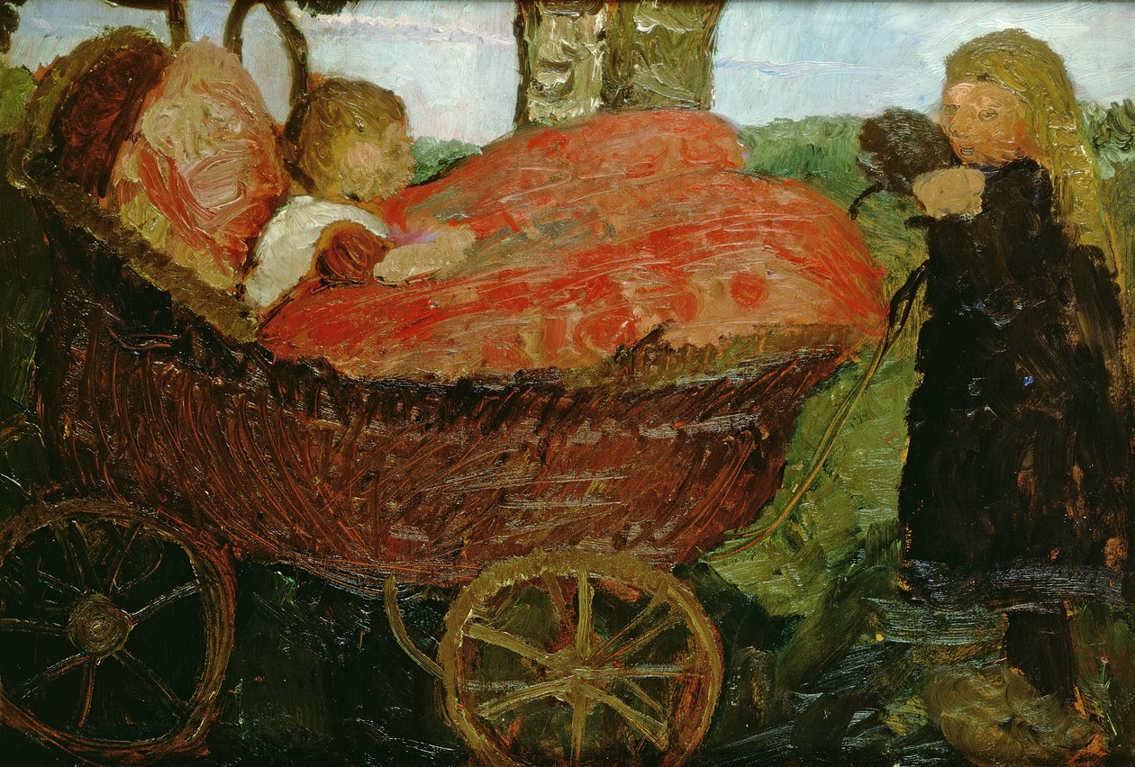 Klein meisje duwt een kinderwagen door Paula Modersohn-Becker