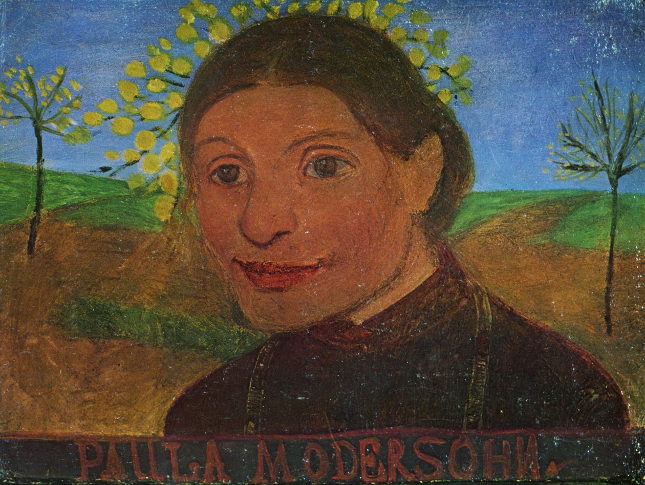 Zelfportret voor bloeiende bomen door Paula Modersohn Becker