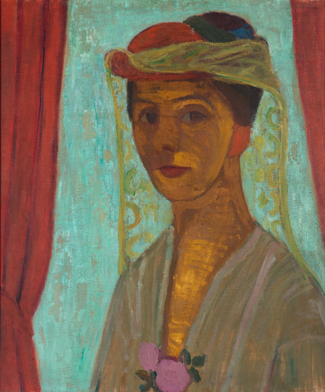 Duits: Selbstbildnis mit Hut und Schleier Zelfportret met hoed en sluier door Paula Modersohn-Becker