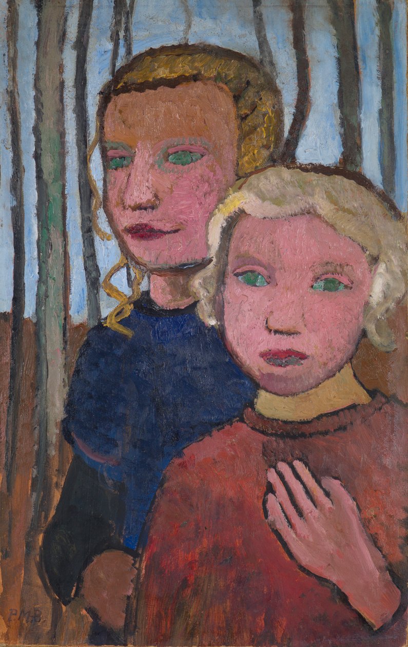 Twee meisjes voor berkenbomen door Paula Modersohn-Becker