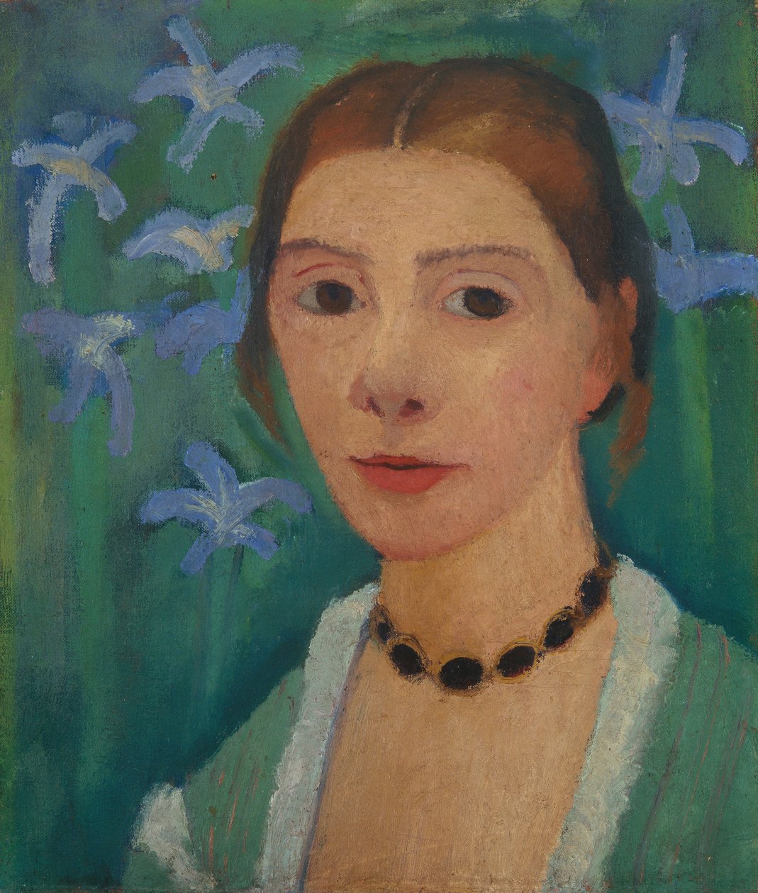 Zelfportret voor een groene achtergrond met een blauwe iris door Paula Modersohn Becker