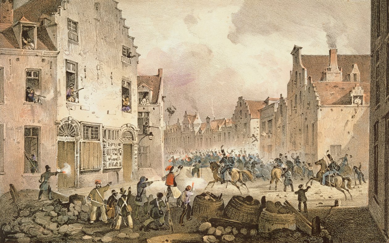 Gevechten en Barricades in de Rue de Flandre, Brussel, 23 september 1830, gegraveerd door Dewasme-Pletinckx door Paulus Lauters