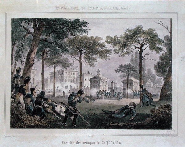 Troepen in het Parc Royal, Brussel, 25 september 1830, gegraveerd door Dewasme-Pletinckx door Paulus (after) Lauters