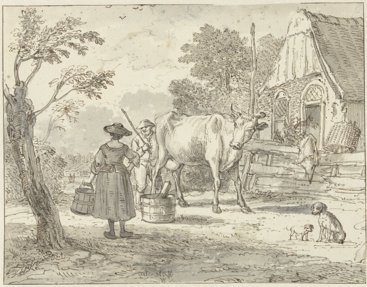 Boeren met een koe voor het huis door Paulus Constantijn la Fargue