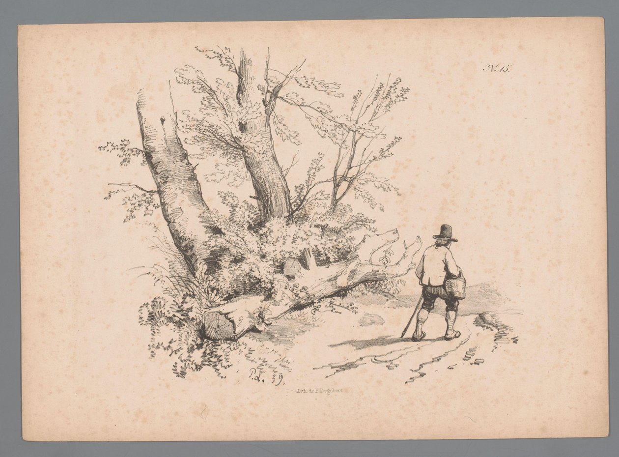 Landschap met bomen en een man met wandelstok en mand door Paulus Lauters