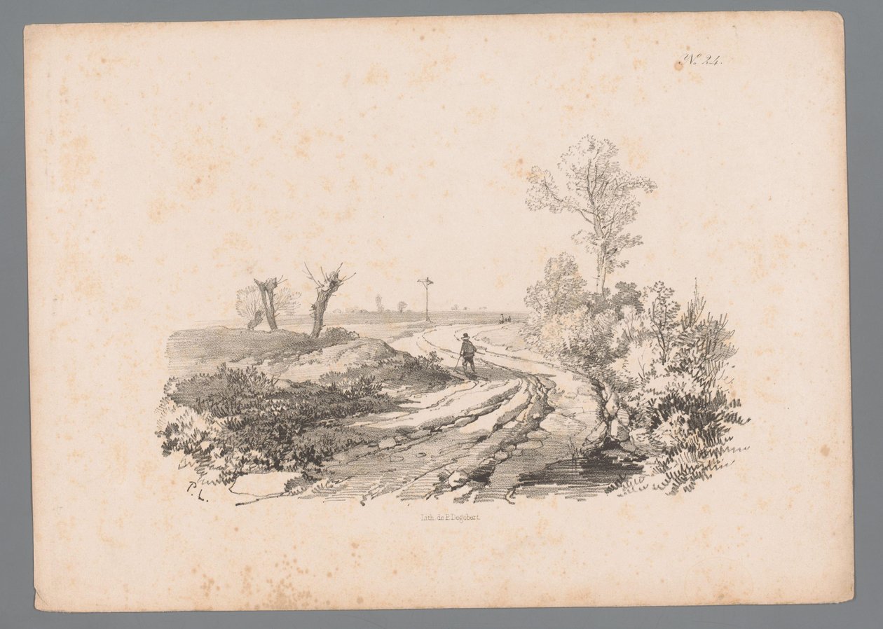 Landschap met figuur met een wandelstok op een landweg door Paulus Lauters