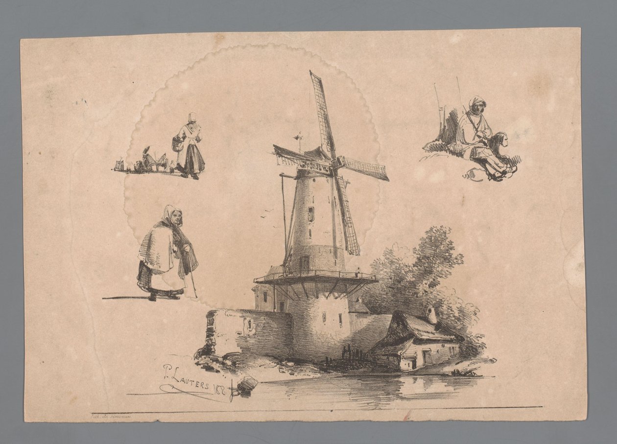 Molen aan het water met rondom drie figuurstudies door Paulus Lauters