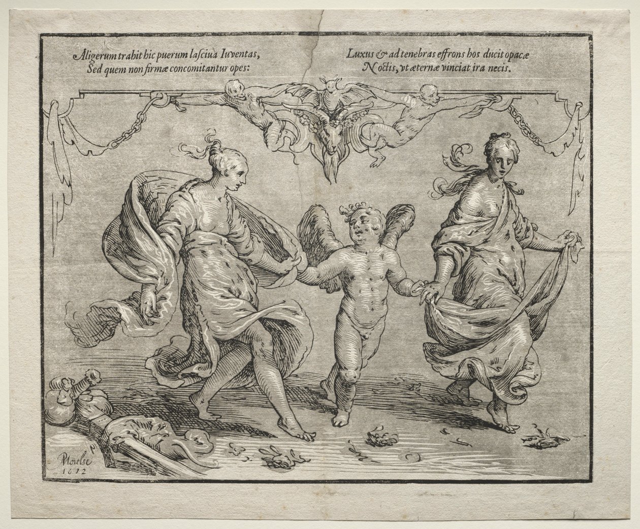 Cupido danst met twee allegorische vrouwen, 1612 door Paulus Moreelse