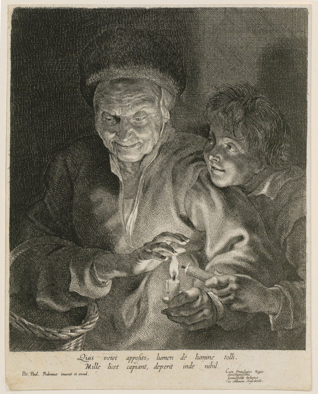 Oude vrouw en jongen met kaarsen door Paulus Pontius