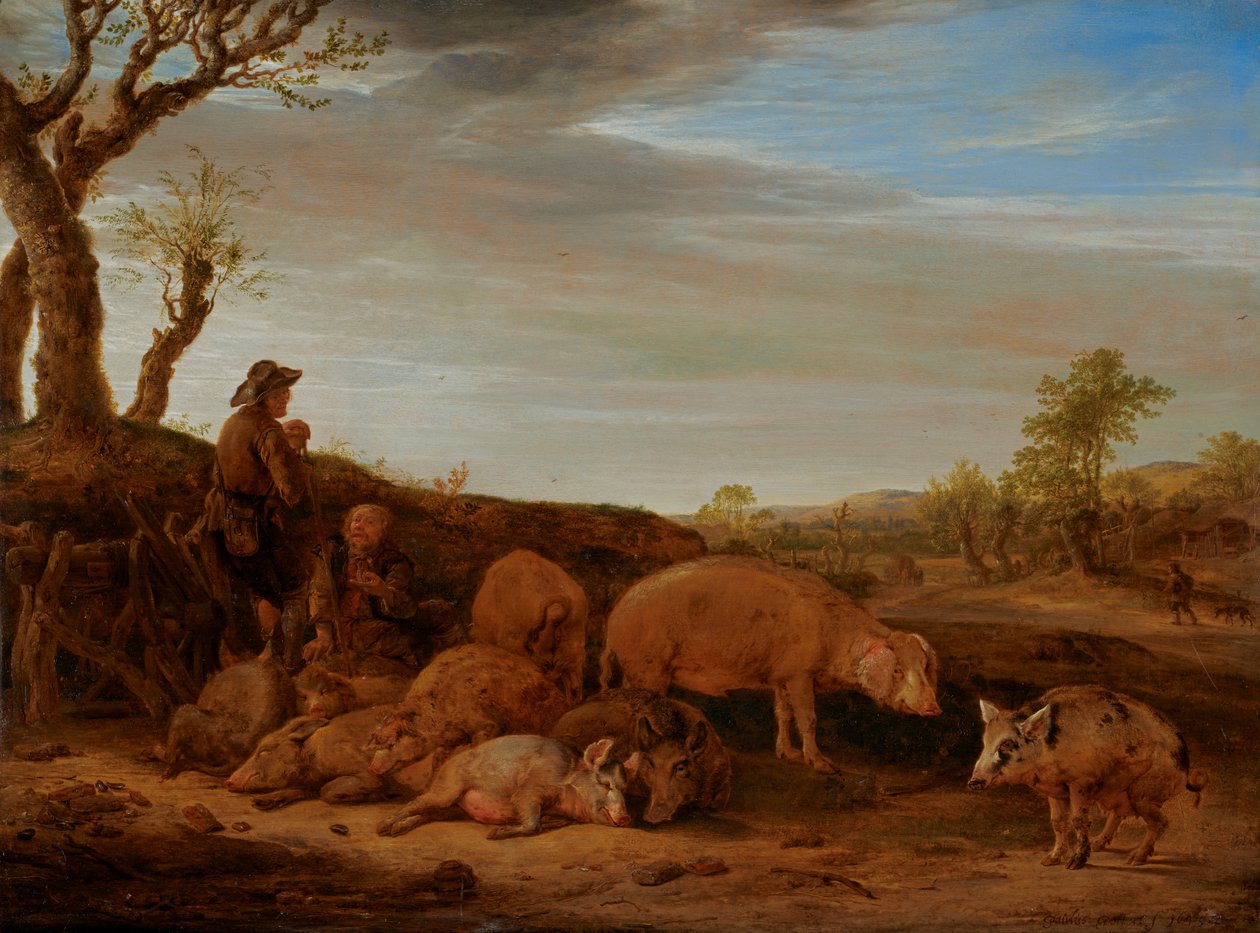 Landschap met een kudde varkens, de varkenshoeder in gesprek met een andere man door Paulus Potter