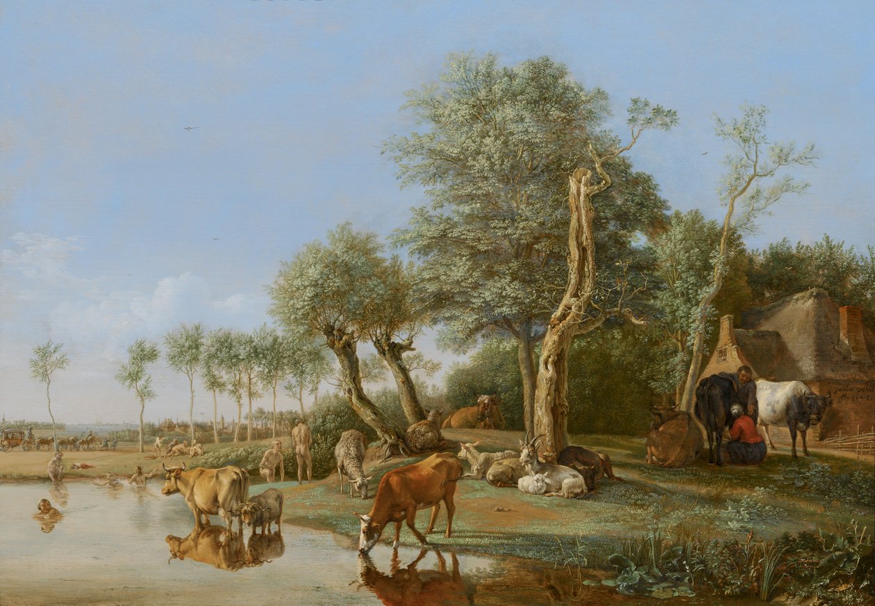 Koeien weerspiegeld in het water door Paulus Potter
