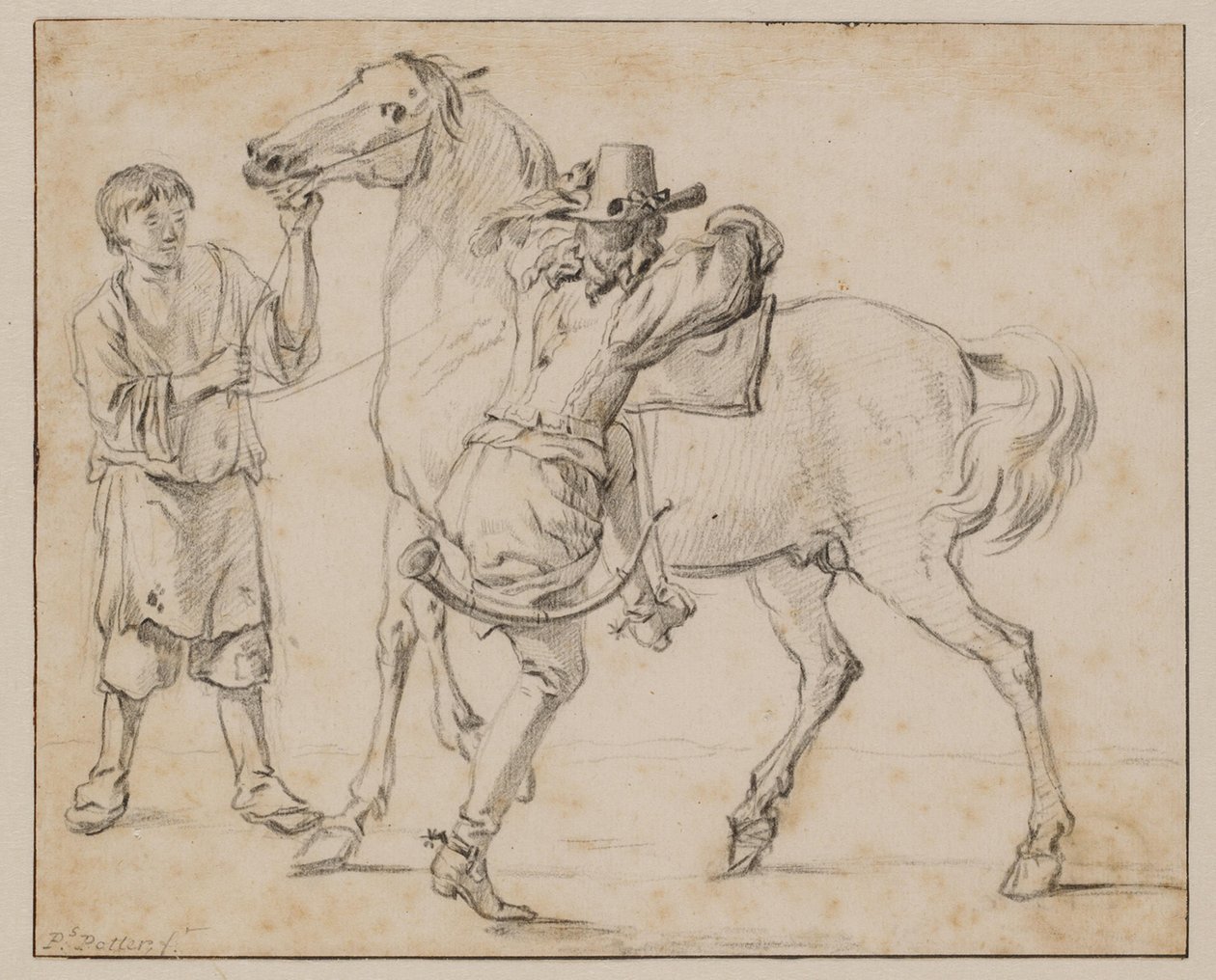 Een man bestijgt zijn paard door Paulus Potter