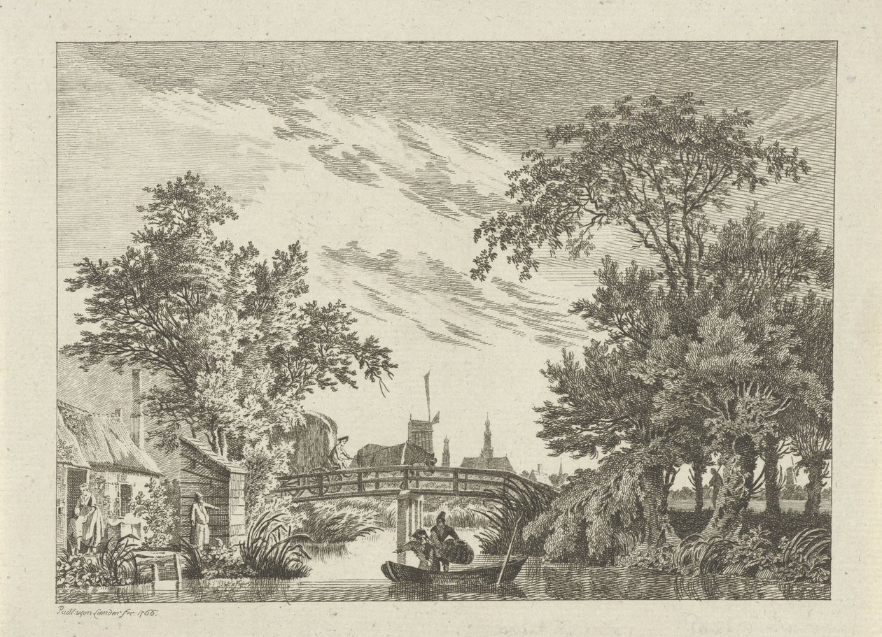 Landschap met hooiwagen op een brug door Paulus van Liender