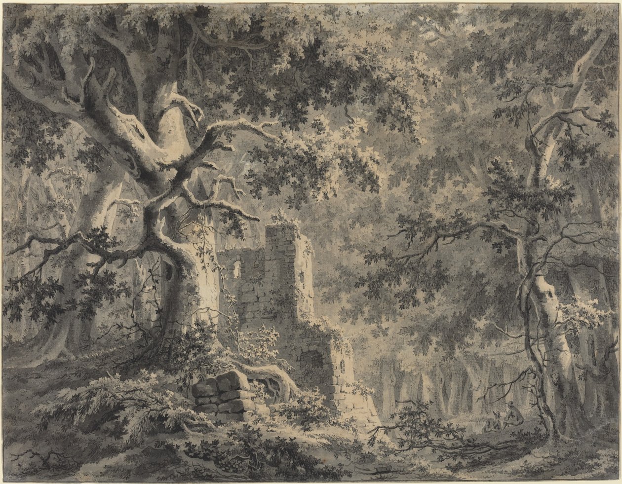 Ruïnes bij een bosbeek door Paulus van Liender