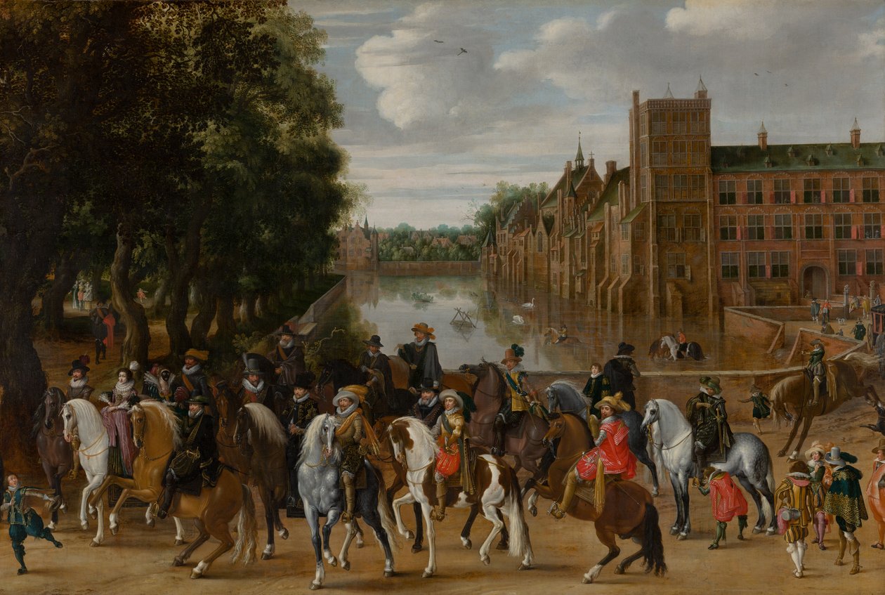 De Prinsen van Oranje en hun Families te Paard, Vertrekkend van Het Buitenhof, Den Haag, c. 1621-22 door Pauwels I van Hillegaert