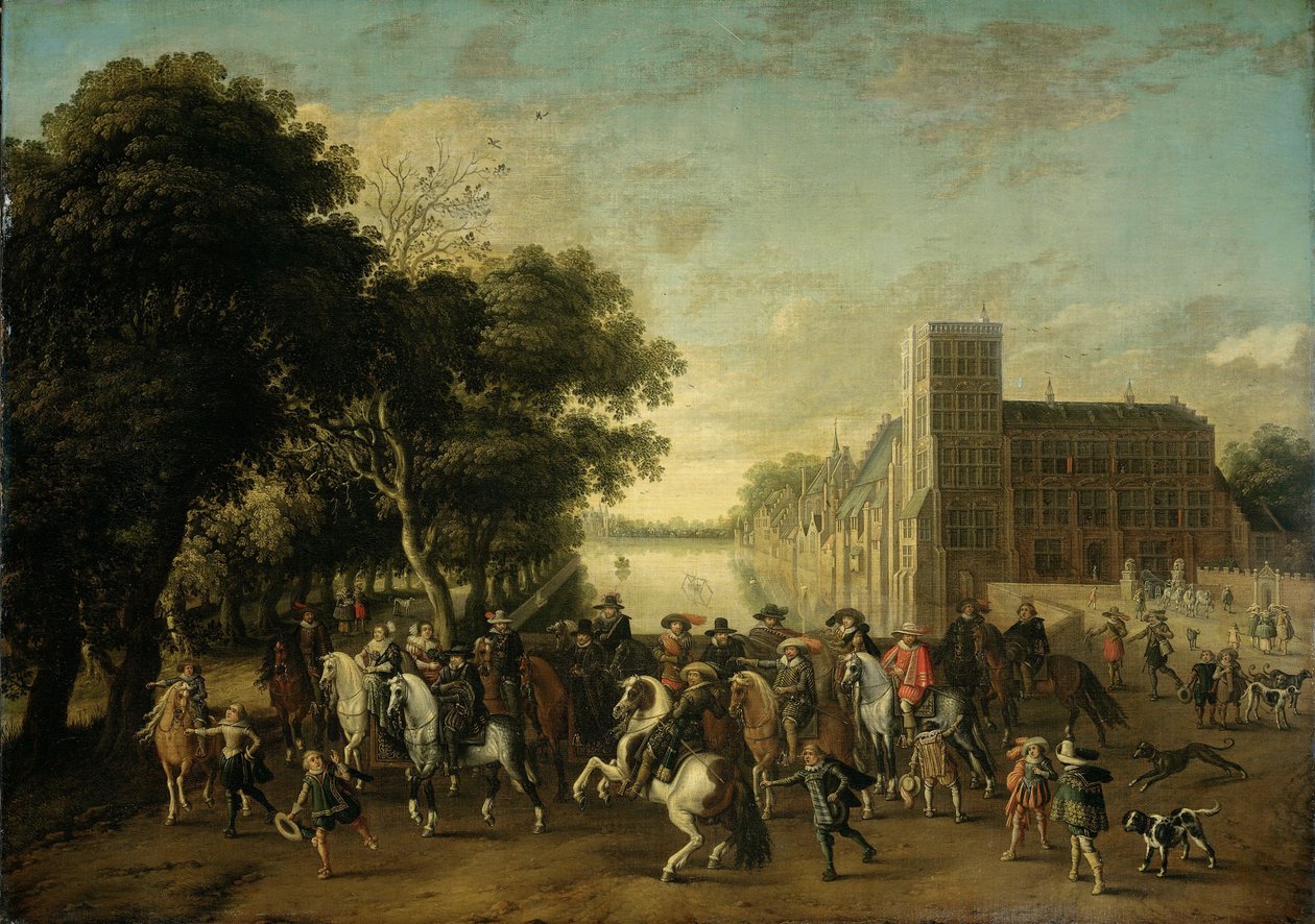 Prins Maurits, vergezeld door Prins Frederik Hendrik, Frederik V van Bohemen en zijn vrouw Elizabeth Stuart, en anderen, op het Buitenhof, Den Haag door Pauwels van Hillegaert