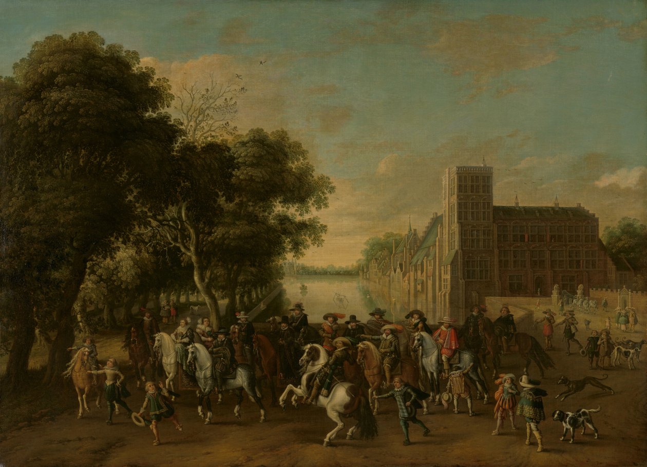 Prins Maurits, vergezeld door Prins Frederik Hendrik, Frederik V van Bohemen en zijn vrouw Elizabeth Stuart, en anderen, op het Buitenhof, Den Haag door Pauwels van Hillegaert