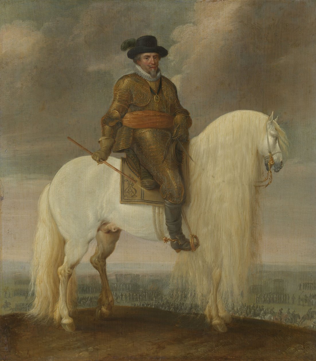 Prins Maurits gezeten op de witte strijdhengst hem geschonken na de overwinning bij de Slag bij Nieuwpoort. door Pauwels van Hillegaert