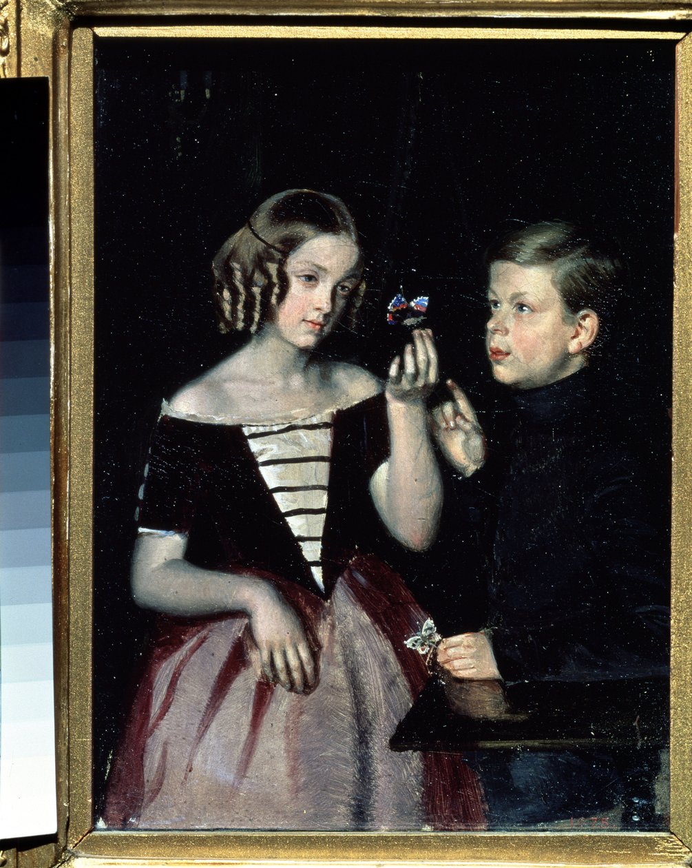 Portret van de twee kinderen Gerbin die een vlinder bekijken door Pavel Andreevich Fedotov