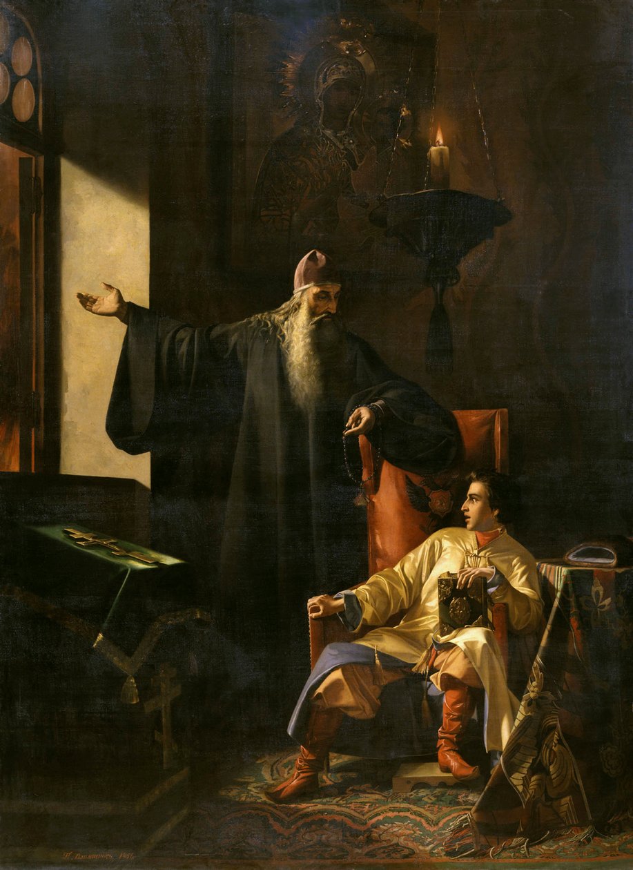 Ivan de Verschrikkelijke en de priester Silvester tijdens de brand van Moskou in 1547, 1856 door Pavel Fyodorovich Pleshanov
