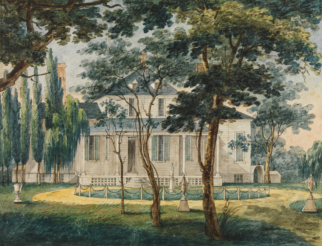 Een landhuis, mogelijk het landhuis van generaal Moreau in Morrisville..., 1811-ca. 1813 door Pavel Petrovic Svin