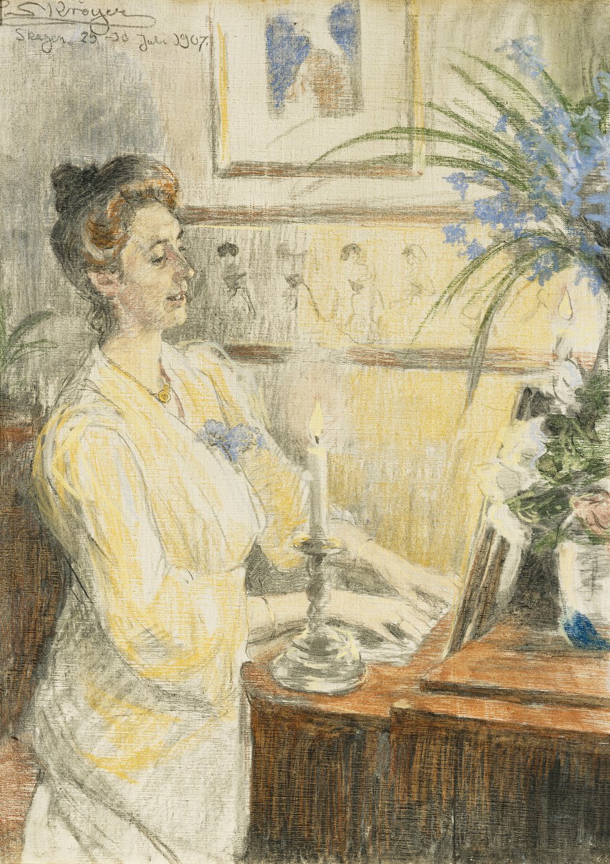 Portret van Johanne Helene Louise Brodersen, aan de piano, 1907 door Peder Severin Krøyer