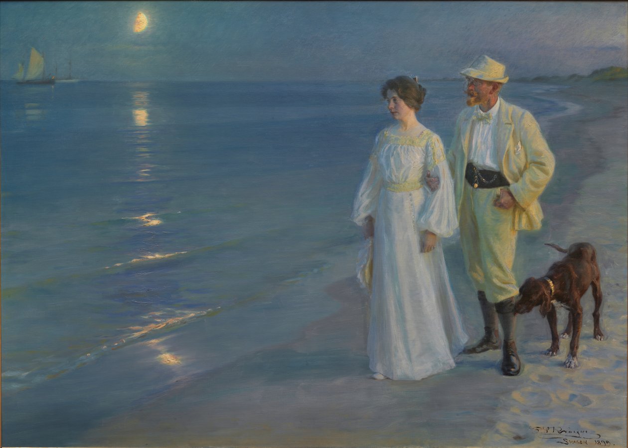 Deens: Sommeraften ved Skagens Strand Zomeravond op het strand van Skagen. De kunstenaar en zijn vrouw. door Peder Severin Krøyer