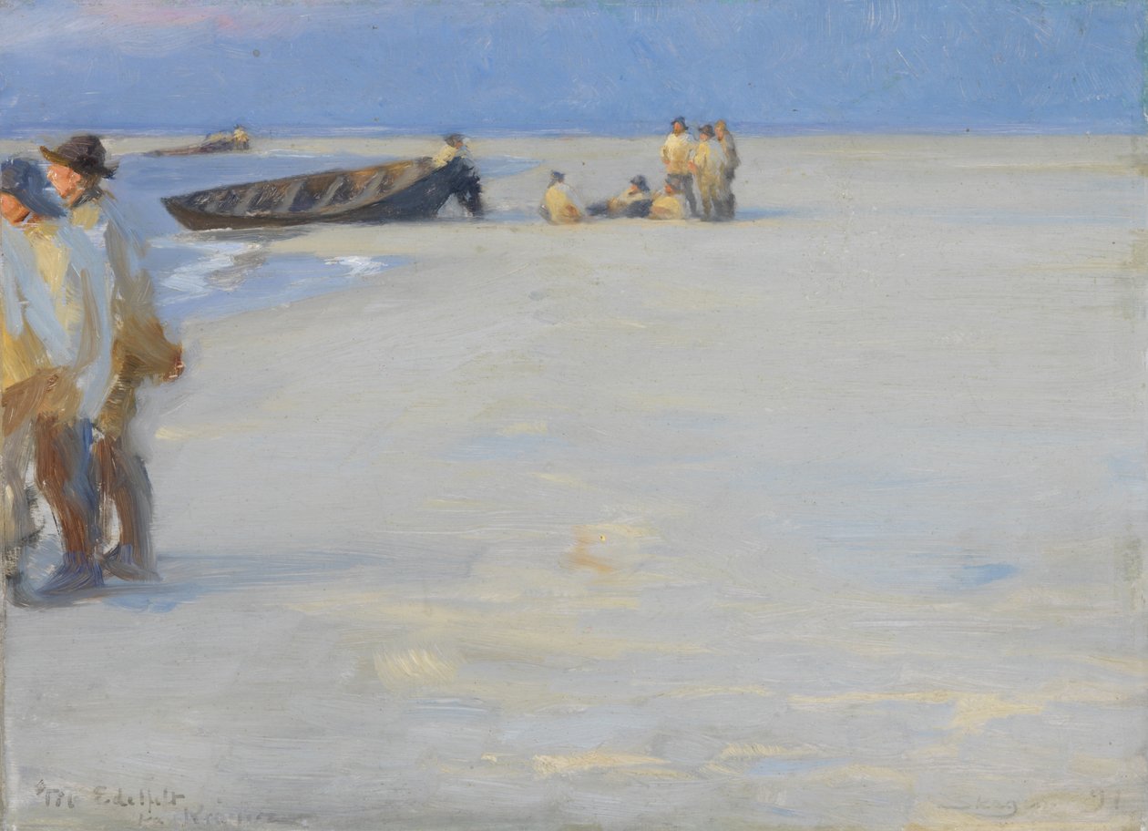 Vissers op het noordelijke strand van Skagen. Zomeravond door Peder Severin Krøyer