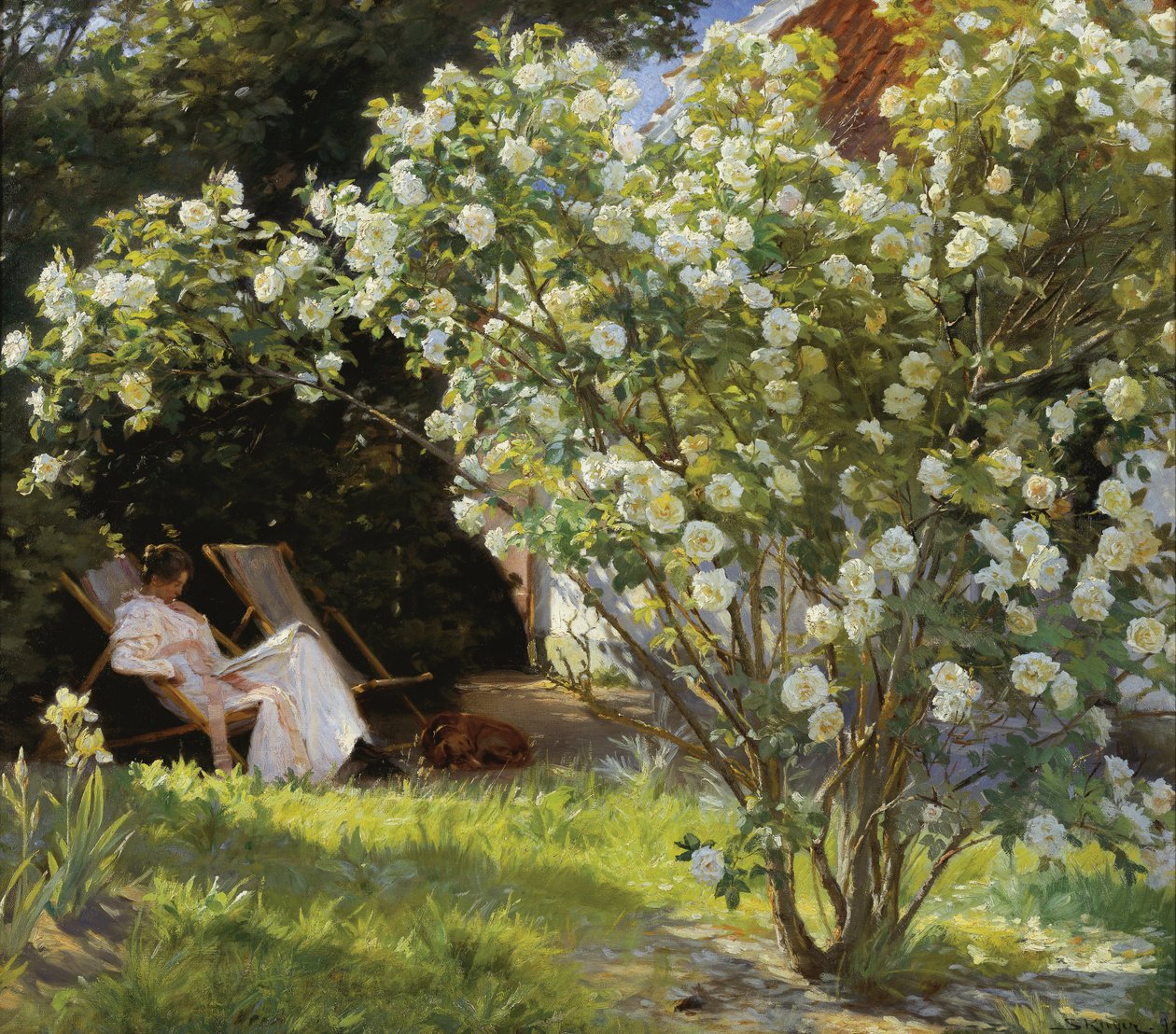 Rozen. Marie Krøyer zittend in de ligstoel in de tuin bij het huis van mevrouw Bendsen door Peder Severin Krøyer
